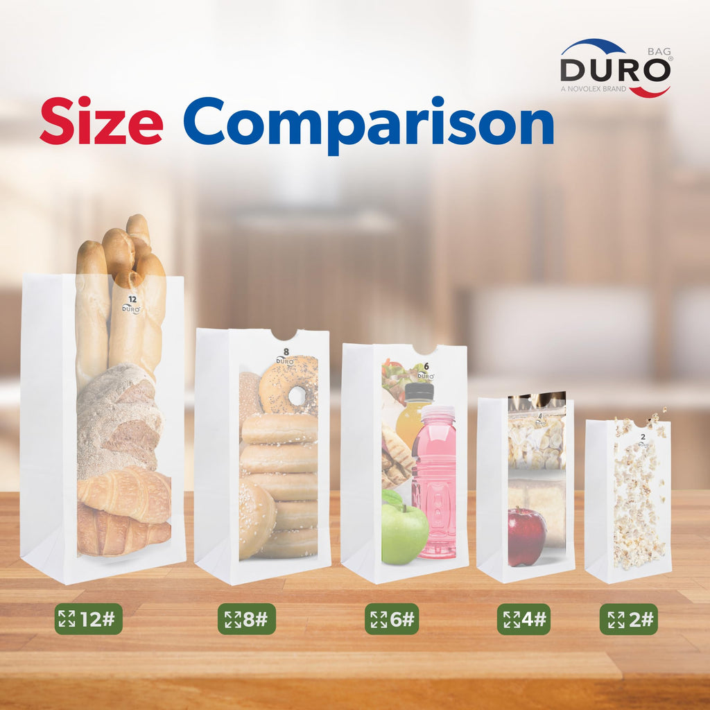Duro 12# White Paper Lunch Bags 500 Count, Bulk Disposable SOS Paper Bags for Bread, Bagel, Deli & Restaurant Takeout or Delivery - 7.06 x 4.50 x 13.75 Inches