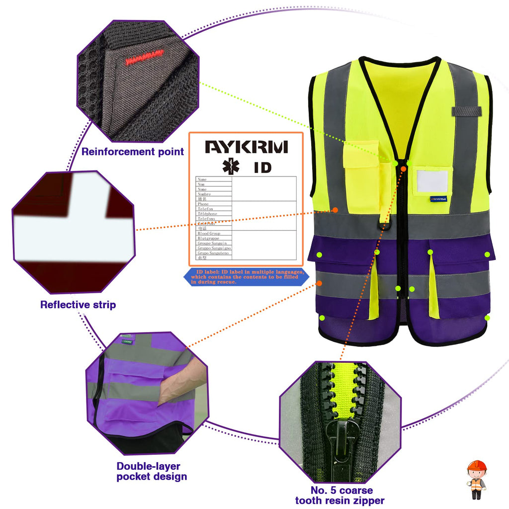 A-SAFETY Yellow purple High Visibility Vest Customize Logo (Yellow&Purple M)