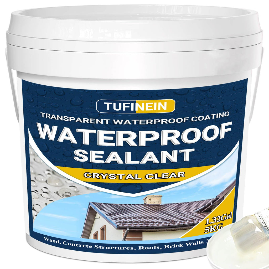 Transparent Waterproof Coating, TUFINEIN 1.32 Gallon Invisible Waterproof Agent Indoor & Outdoor Sealant Water-Based Clear Sealant Roofs, Walls, Garden, Terraces