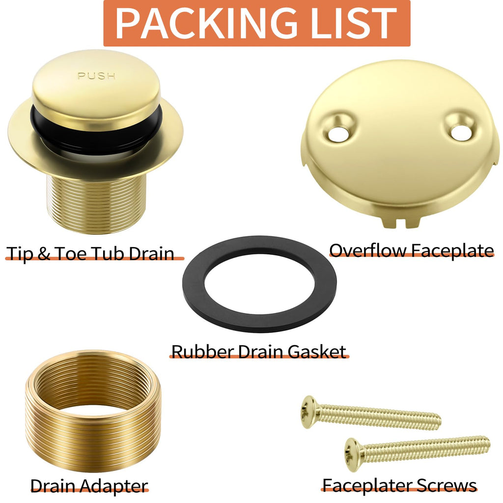 Gold Bathtub Drain Tip-Toe Tub Trim Set with Two-Hole Overflow Faceplate Bathroom Tub Drains Replacement Conversion Tub Drain Kit Assembly with Universal Fine & Coarse Thread