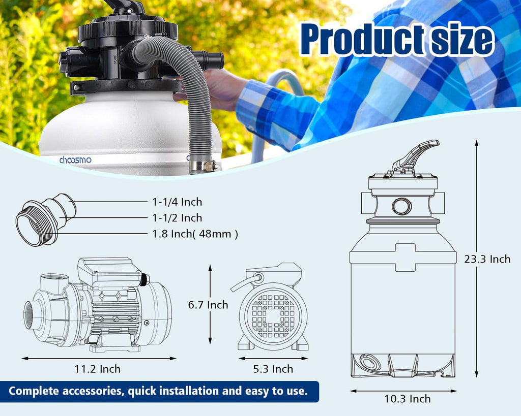 CHOOSMO 10 Inch Sand Filter Pump for Above Ground Pools, 2220 GPH 1/4 HP Pool Filtration System, 30 lb Sand Tank, 6-Way Valve, Hose Adapters, 115V, for 3,000–6,500 Gal Pools