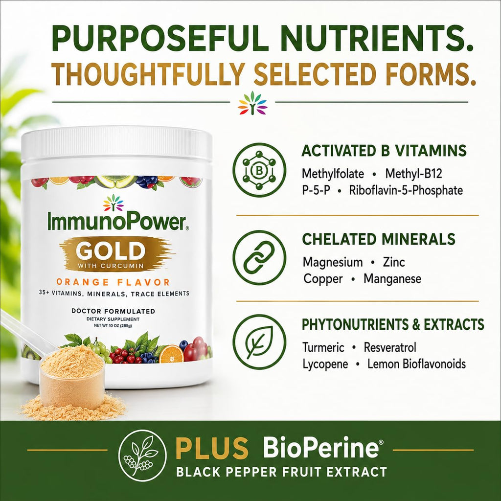ImmunoPower Gold - High-Absorption Turmeric Root Extract & BioPerine Immune Booster - Doctor Formulated with 33+ Nutrients - Orange Flavor