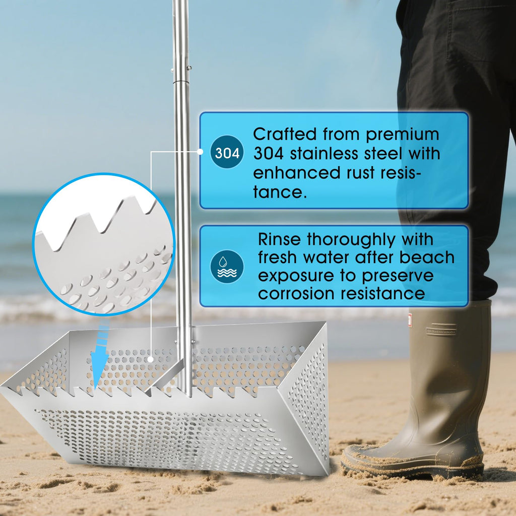 Sand flea rake - 304 Stainless Steel Pro 15.8 Inches Wide Basket Sand Sifter , Curved Handle Design Collapsible Sand Fleas Catcher for Travelling