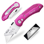 Box Cutter Heavy Duty Utility Knife, Razor Knife, Lightweight Aluminum Handle, Back-lock Mechanism, Stainless Belt Clip, for Carpet, Carton, Box, Cardboard, with 5-piece Extra Blades, Hot Pink