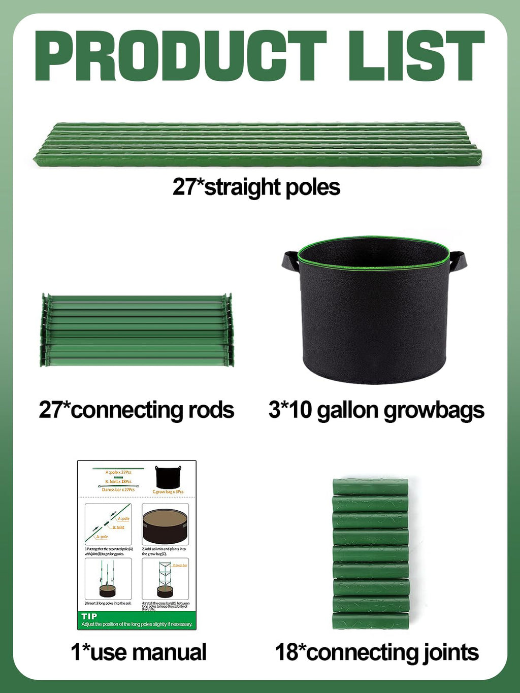 ANPHSIN Sturdy Triangle Tomato Cage with Movable 10 Gal Grow Bags, 3 Sets