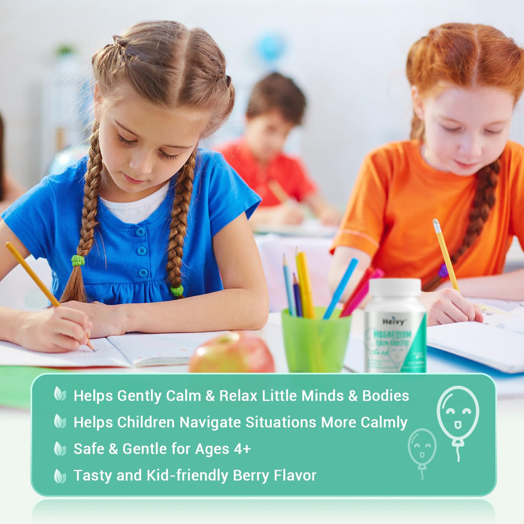 Heivy Kids Calming Supplement, Contains Magnesium Glycinate & Vitamin B6, Support Calm & Relax, Calm Mind and Body, Berry Flavor for Age 4+ (60 Servings), Vegan, Gluten-Free, Made in USA