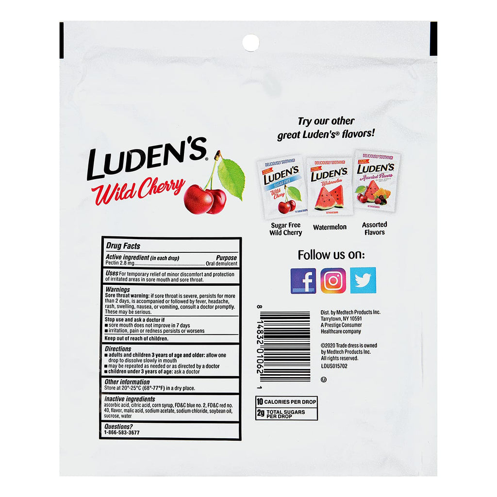 Luden's Sore Throat Relief Lozenges for Minor Everyday Irritation & Dry Mouth, Wild Cherry Flavored Drops, 90 Count, Pack of 2