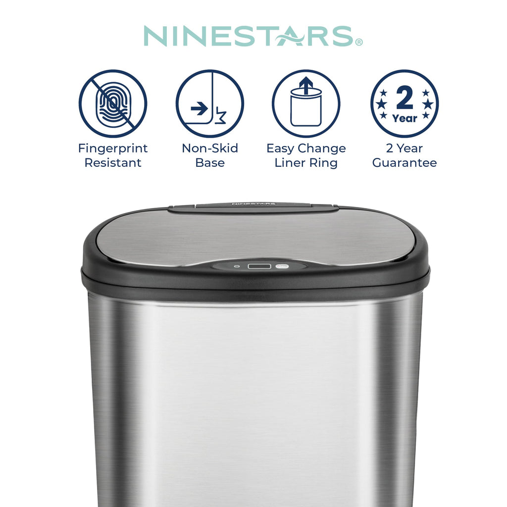 Ninestars 13 Gallon Oval Automatic Trash Can, 50L Touchless Motion Sensor Garbage Can with Odor-Sealing Lid & One-Touch Manual Mode, Silver Stainless Steel, Black Trim