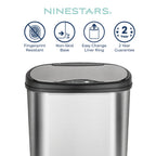 Ninestars 13 Gallon Oval Automatic Trash Can, 50L Touchless Motion Sensor Garbage Can with Odor-Sealing Lid & One-Touch Manual Mode, Silver Stainless Steel, Black Trim