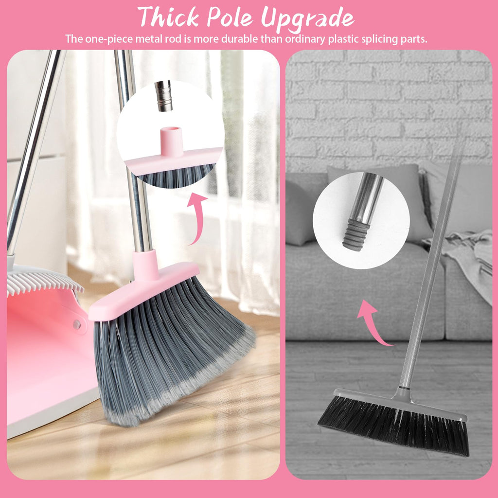 OOOFLOWER Broom and Dustpan Combo Set, Long Handle and Standing Dust Pan with Comb Teeth, Efficient Floor Cleaning for Kitchen, Outdoor, Dorm, Apartment, Office Lobby (Pink Gray)