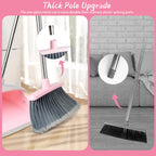 OOOFLOWER Broom and Dustpan Combo Set, Long Handle and Standing Dust Pan with Comb Teeth, Efficient Floor Cleaning for Kitchen, Outdoor, Dorm, Apartment, Office Lobby (Pink Gray)