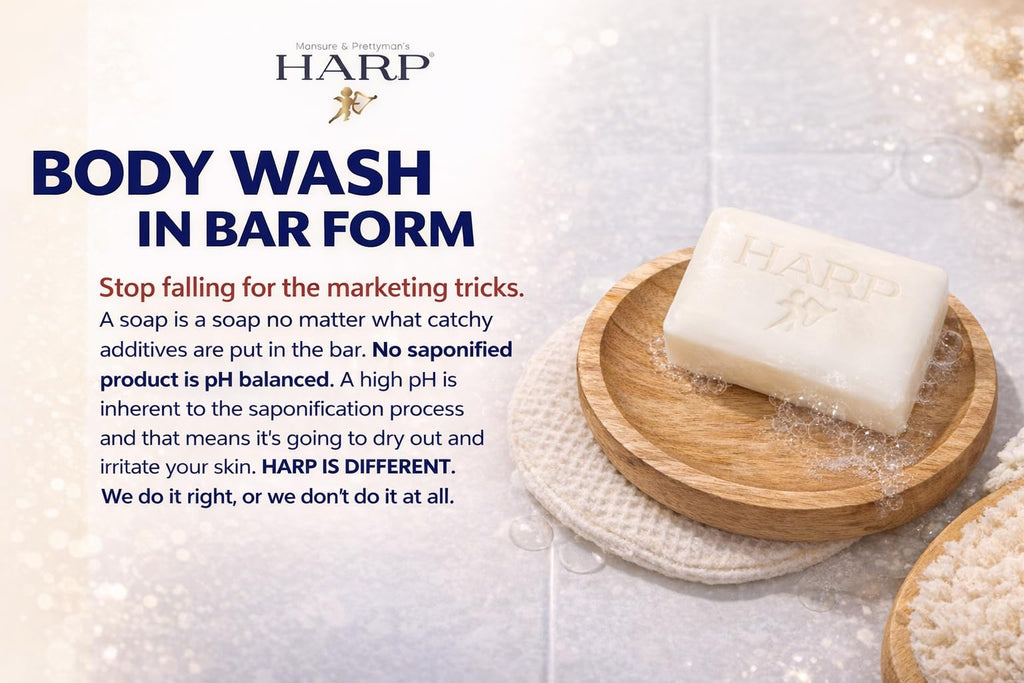 HARP® Fragrance Free Body Wash Bar – pH Balanced (5.0–6.0) Syndet Cleanser, No Lye, Non-Comedogenic, Gentle for Sensitive & Dry Skin, With Shea Butter & Borage Oil. 3-5oz Bars.