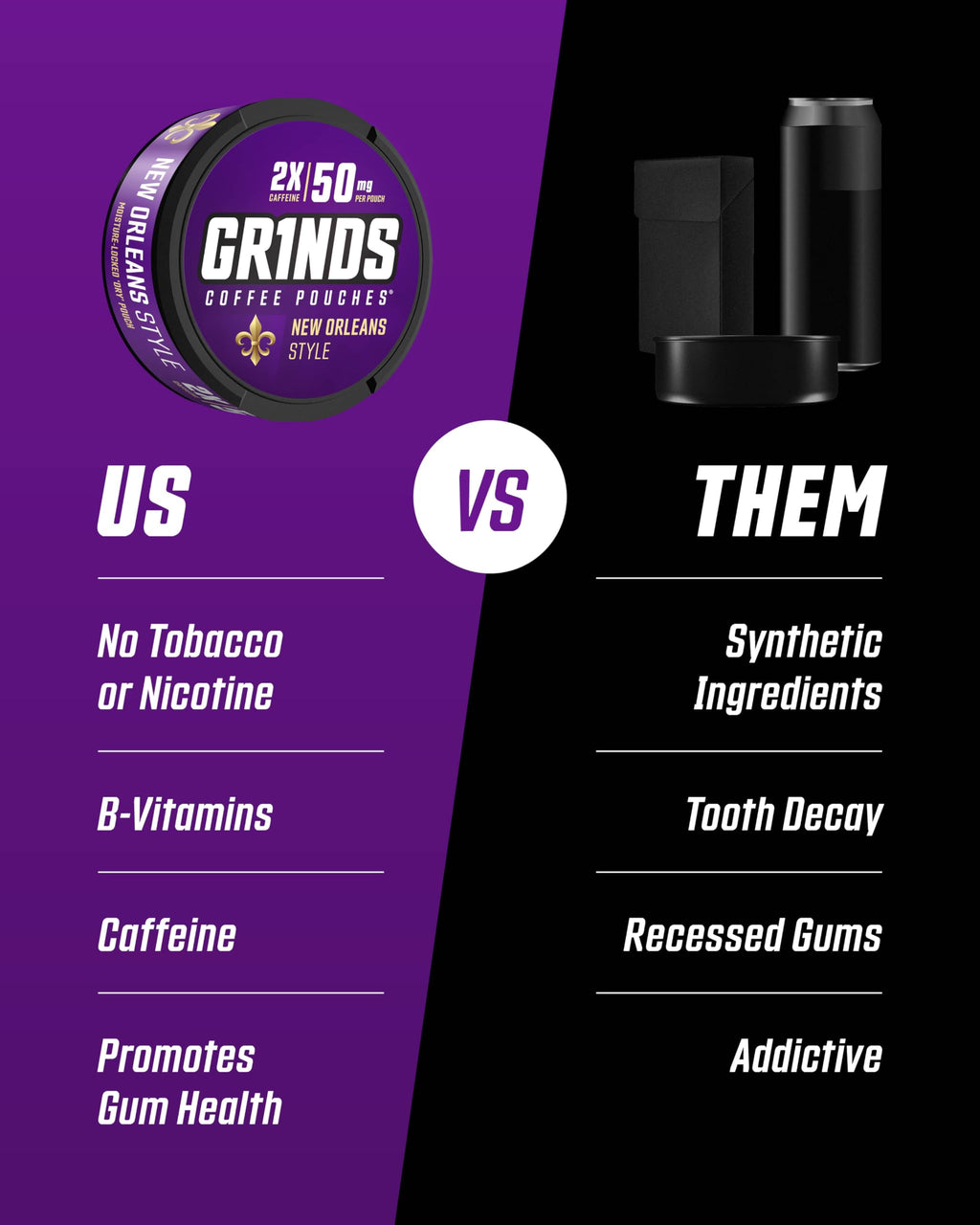 GRINDS Coffee Pouches | 6 Cans of New Orleans | Made in The USA | Tobacco Free, Nicotine Free | 18 Pouches Per Can | 2X Caffeine 1 Pouch eq. 1/2 Cup of Coffee (New Orleans)