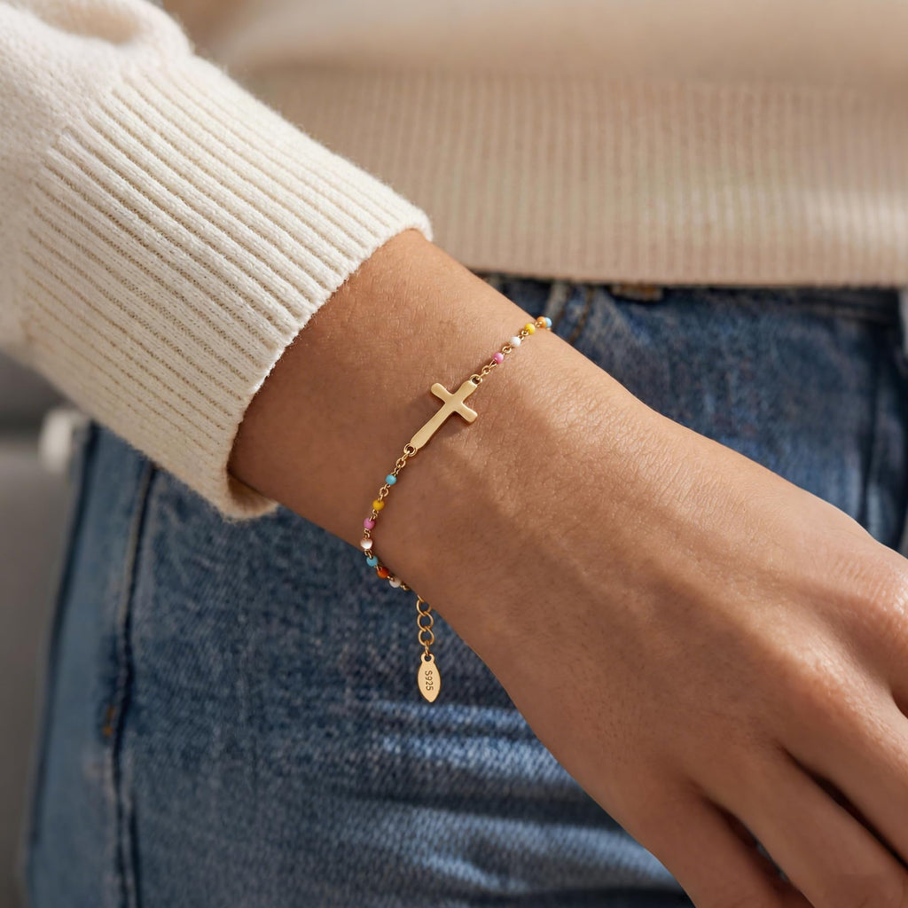 S925 Cross Bracelet for Women, 18K Gold Greeting Card Womens Cross Bracelet