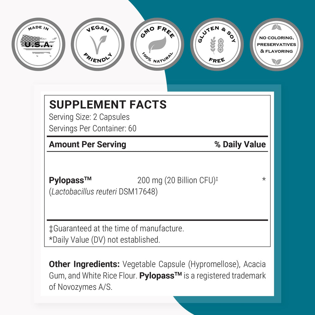 Supersmart H. Pylori Formula 20 Billion CFU per Day - Probiotic Lactobacillus Reuteri DSM 17648 Supplement | Non-GMO & Gluten Free - 120 Vegetarian Capsules