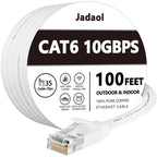 Jadaol Cat6/Cat6A Ethernet Cable 100FT Flat with Clips 10Gbps Network White