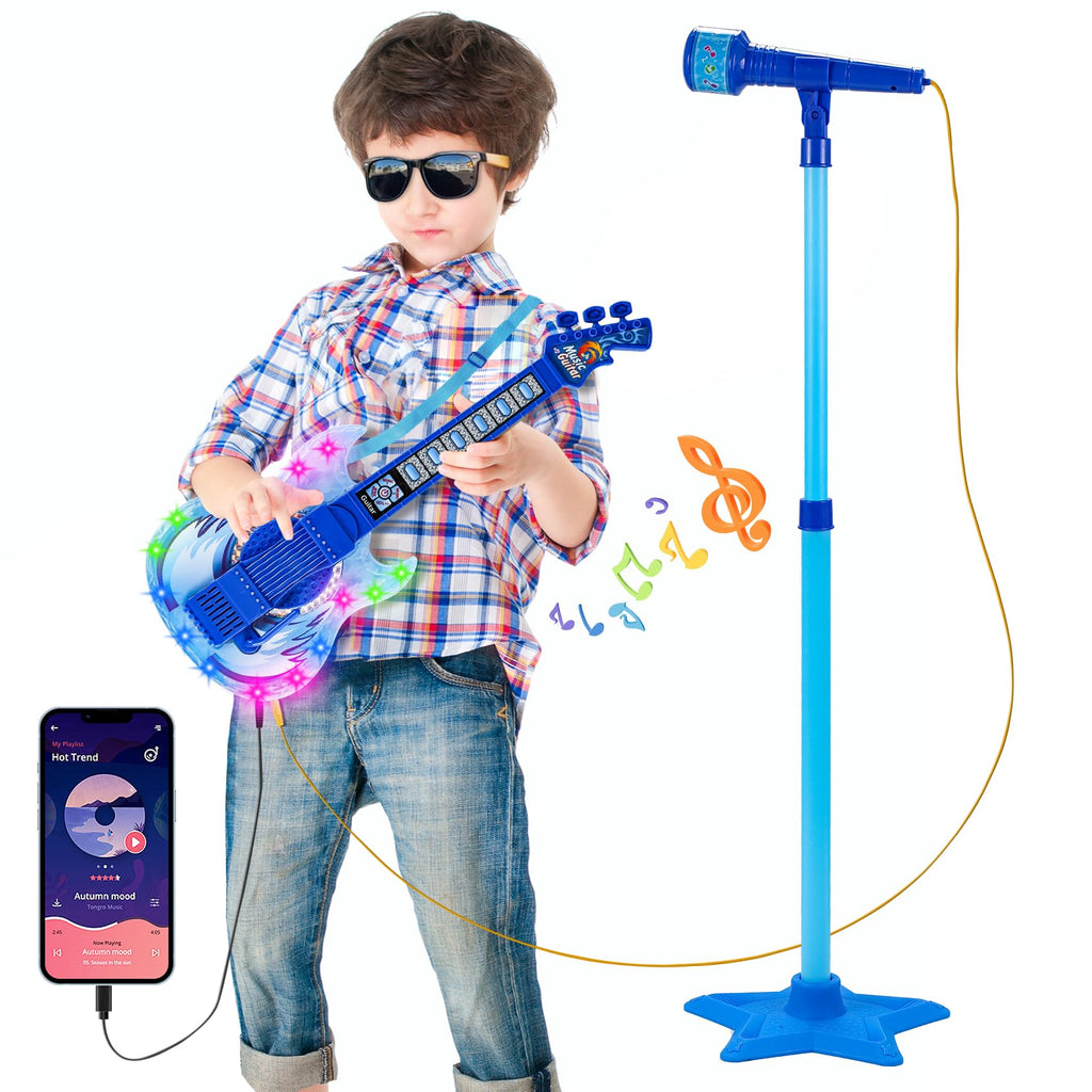 Guitar and Microphone Play Set for Boys New Upgrade,Karaoke Machine with Music&Light,Microphone Toys with Stand,Adjustable Height Guitar Toys for Kids,Toddlers,Child