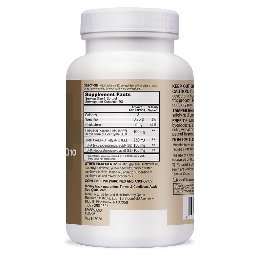 Qunol Plus Ubiquinol CoQ10 100mg with Omega 3 Fish Oil 250mg, Extra Strength Antioxidant Supplement, 90 Count