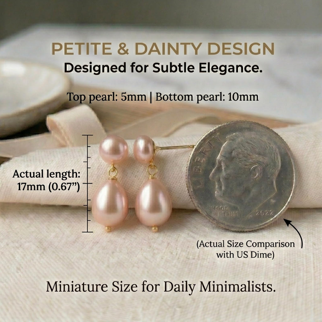 Mini Pearl Drop Earrings for Women - Petite Pink Double Pearl Studs (5mm Top + 10mm Drop), Real Freshwater Cultured, S925 Silver Hypoallergenic Post, 18K Gold Plated Dainty Jewelry