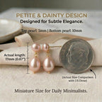 Mini Pearl Drop Earrings for Women - Petite Pink Double Pearl Studs (5mm Top + 10mm Drop), Real Freshwater Cultured, S925 Silver Hypoallergenic Post, 18K Gold Plated Dainty Jewelry