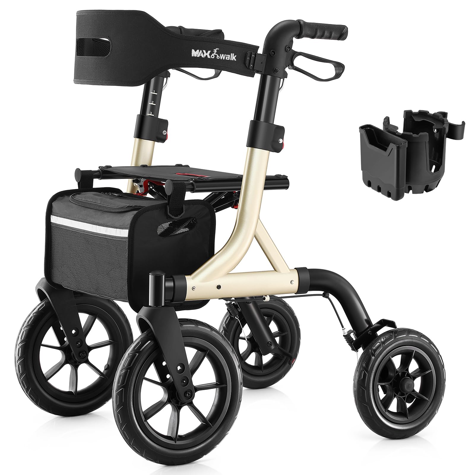 MAXWALK Walkers for Seniors, Rollator Walker with Seat, 12" Big Rubber Wheels All Terrain Rollator Walker with Backrest, Built-in Cable, Cup Holder, Foldable and Height Adjustment for Seniors, Gold