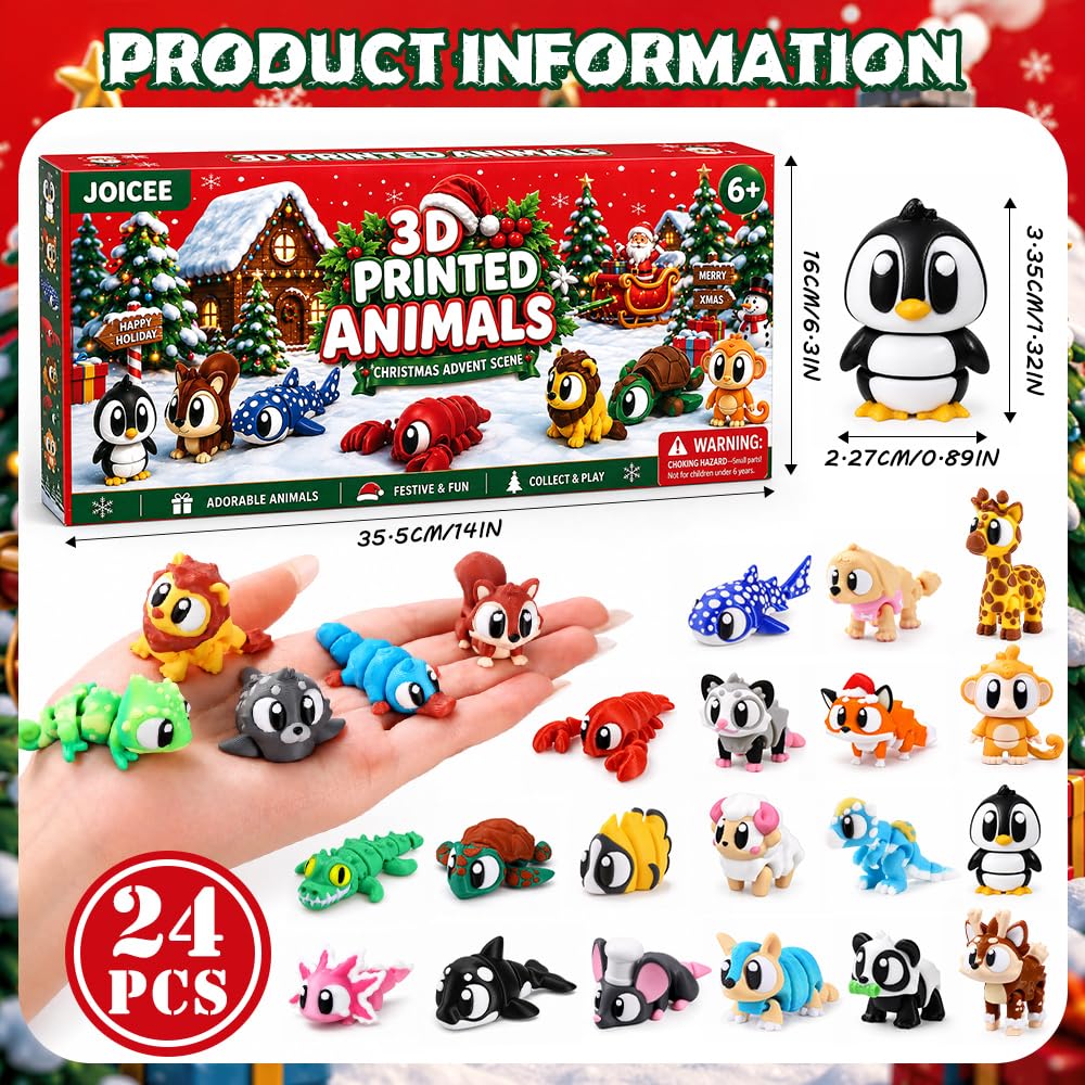JOICEE 2026 Christmas Advent Calendar with Mini 3D Printed Animals Toys