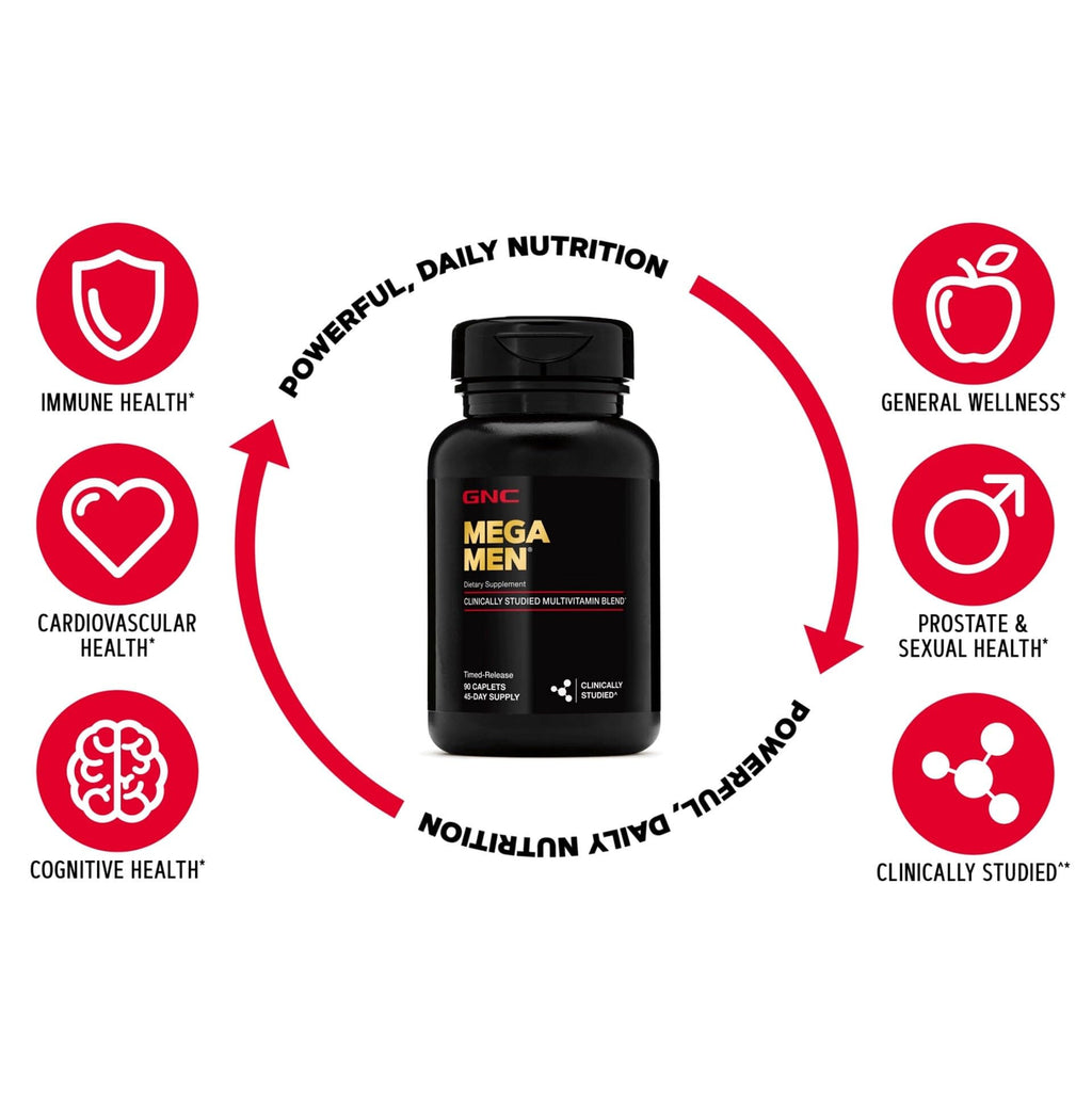 GNC Mega Men Multivitamin Caplets, Clinically Proven to Feel Better, Immune Support, Energy Support, Antioxidants, B Vitamins, Vitamin D-3, Timed Release, 90 Count, 45 Day Supply