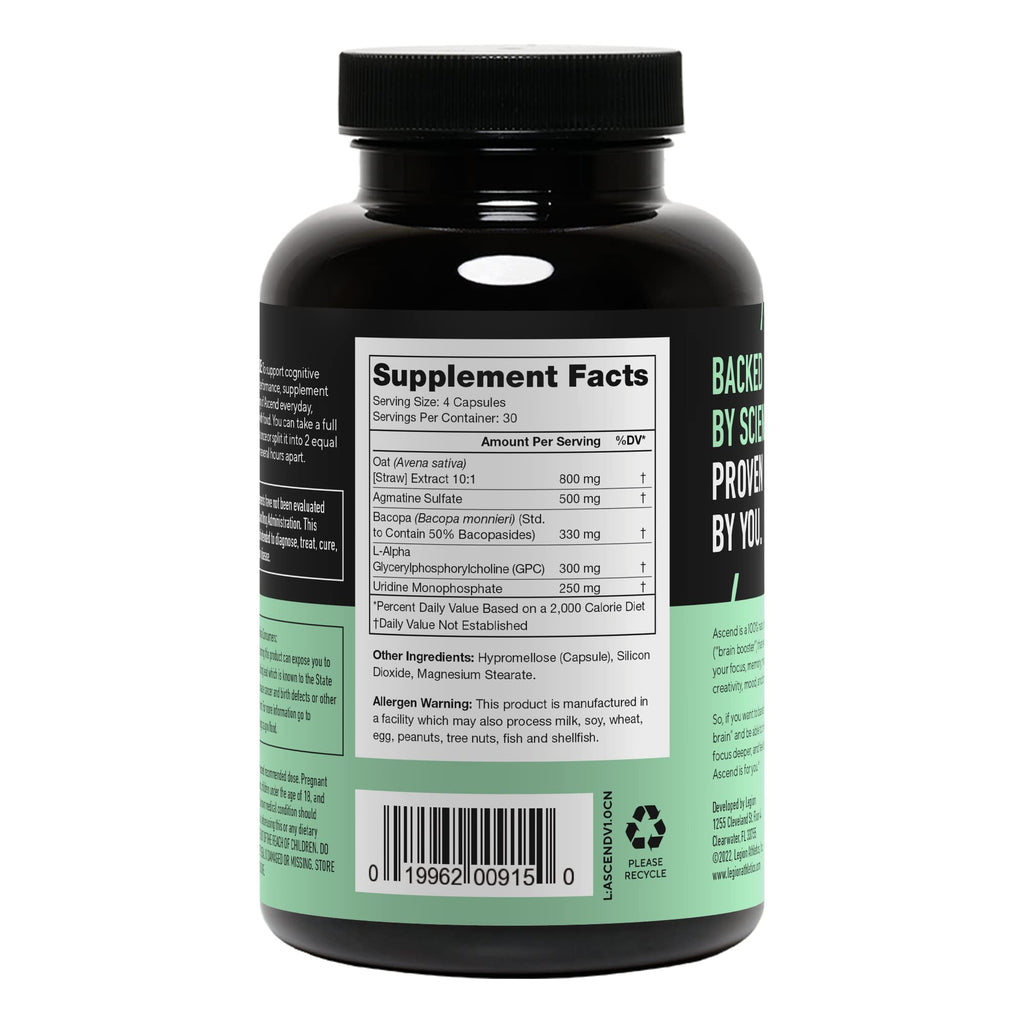 LEGION Athletics Ascend Nootropic - All-Natural Brain Supplements for Memory and Focus - Nootropics Brain Support Supplement with Alpha-GPC - Brain Supplement for Alertness & Mood Support, 30 Servings