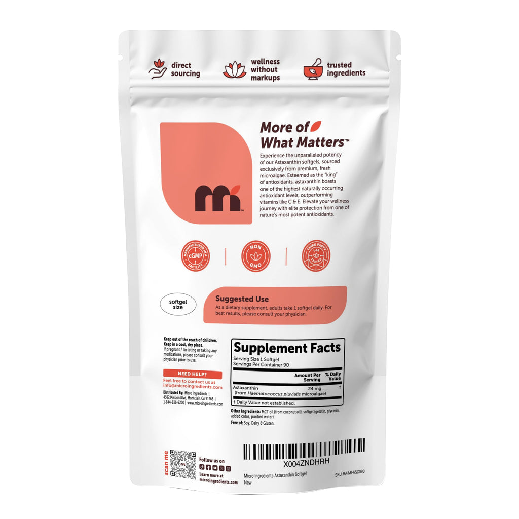 Micro Ingredients Astaxanthin 24mg with MCT Oil, 90 Softgels | Max Strength Astaxanthin Antioxidant Supplements* | Fresh Microalgae Source | Non-GMO, Gluten Free, No Soy