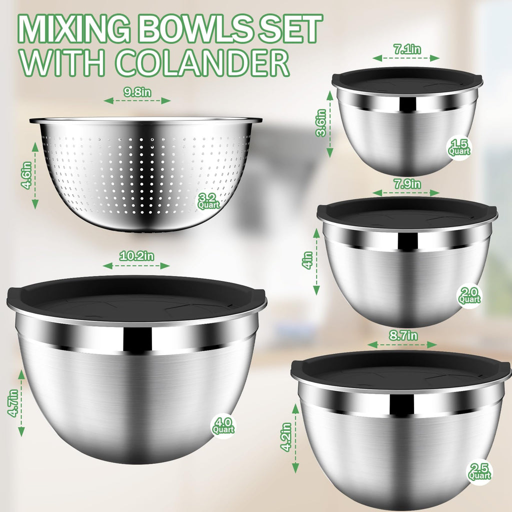 DUTZUN Mixing Bowls with Lids Set, Stainless Steel Mixing Bowls with Colander, Strainer with Mixing Bowl Set, Kitchen Gadgets Bowl Christams Gift, Size 4, 2.5, 2, 1.5QT - Black