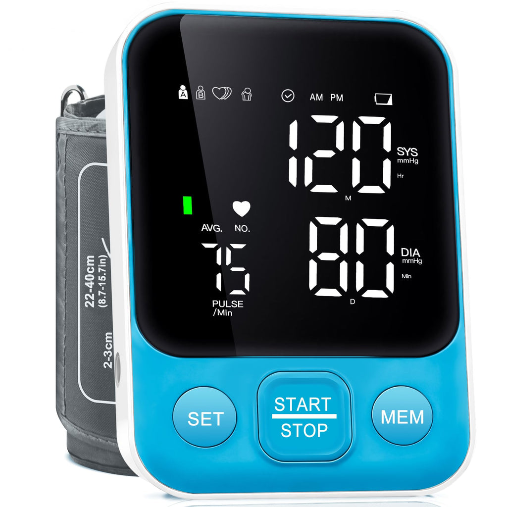 Blood Pressure Monitor Upper Arm Monitors for Home Use BP Machine with 2x120 Reading Memory Adjustable Arm Cuff 8.7"-15.7" Large Display with LED Background Light Storage Bag Light Blue