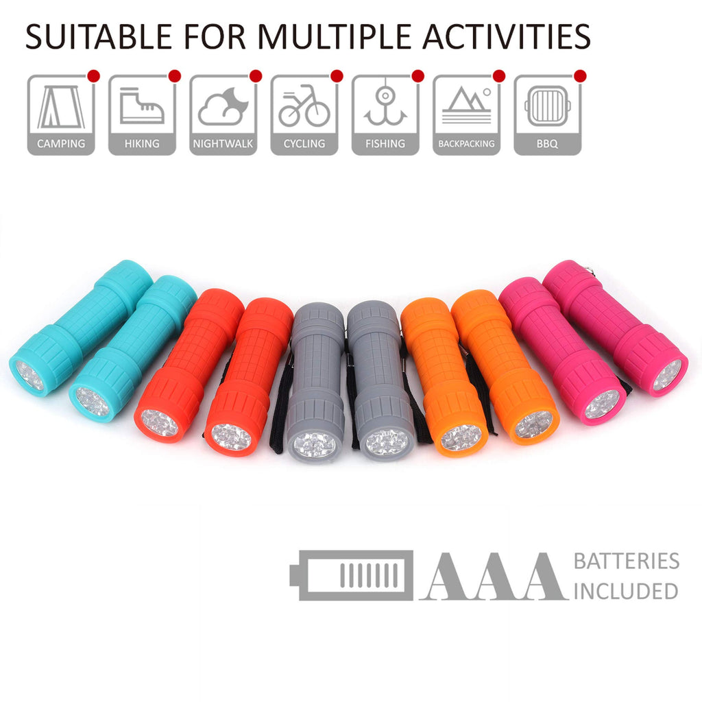 FASTPRO 10-Pack, 9-LED Mini Flashlight Set, AAA Batteries are Included and Pre-Installed, Perfect for Class Teaching, Camping, Wedding Favor