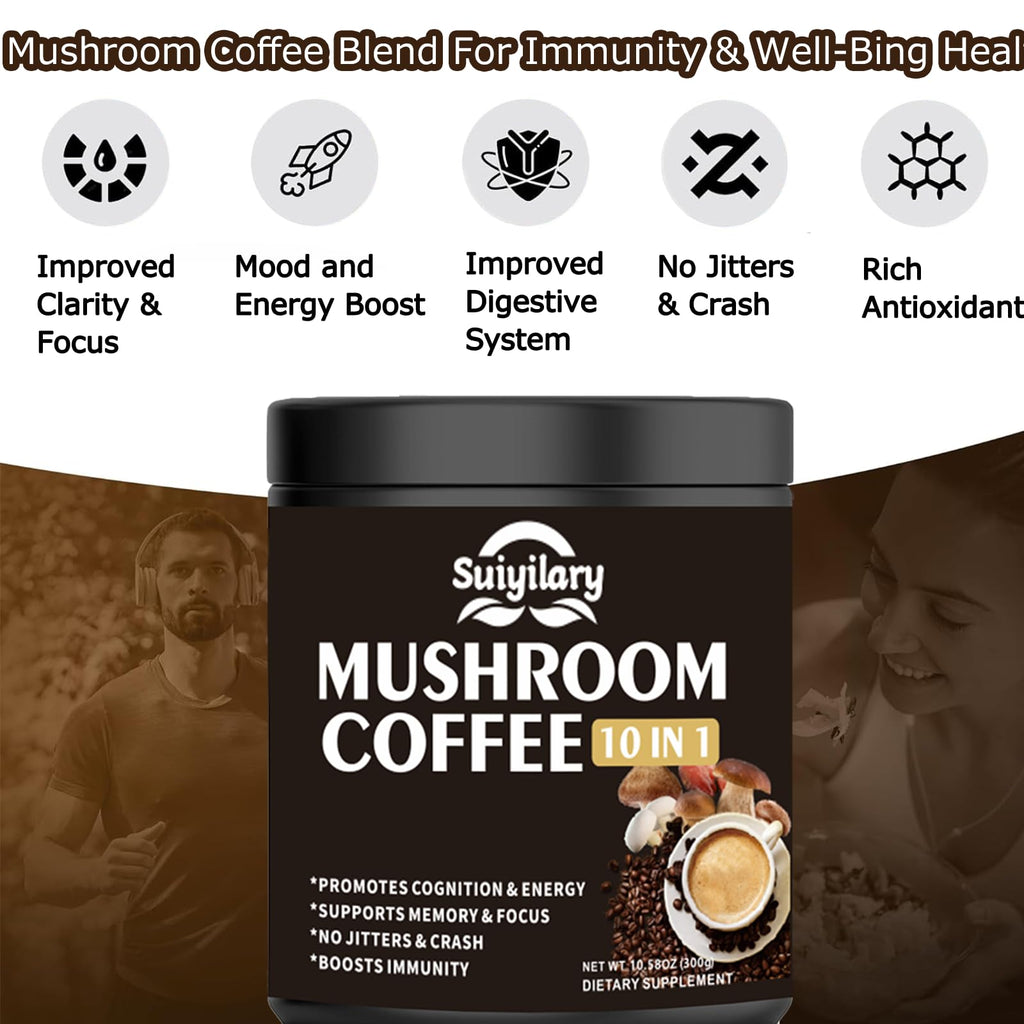 Suiyilary Mushroom Coffee, 10 Mushroom Extract Powder Blend Lion's Mane, Reishi, Chaga, Cordyceps, Turkey Tail, Brain Supplements with Instant Coffee for Energy, Focus, Memory and Immunity 300g