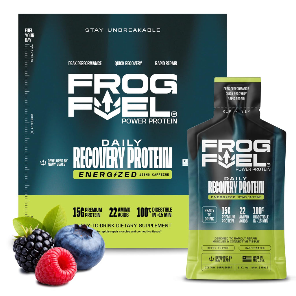 Frog Fuel Power Energized Complete Protein Shot, 15g, Nano Hydrolyzed & Grass Fed, 80mg Caffeine, Gluten Free, Fat & Sugar Free, 22 Amino Acids, 0 Carbs, Berry, 1 oz Packets, 24 Pack