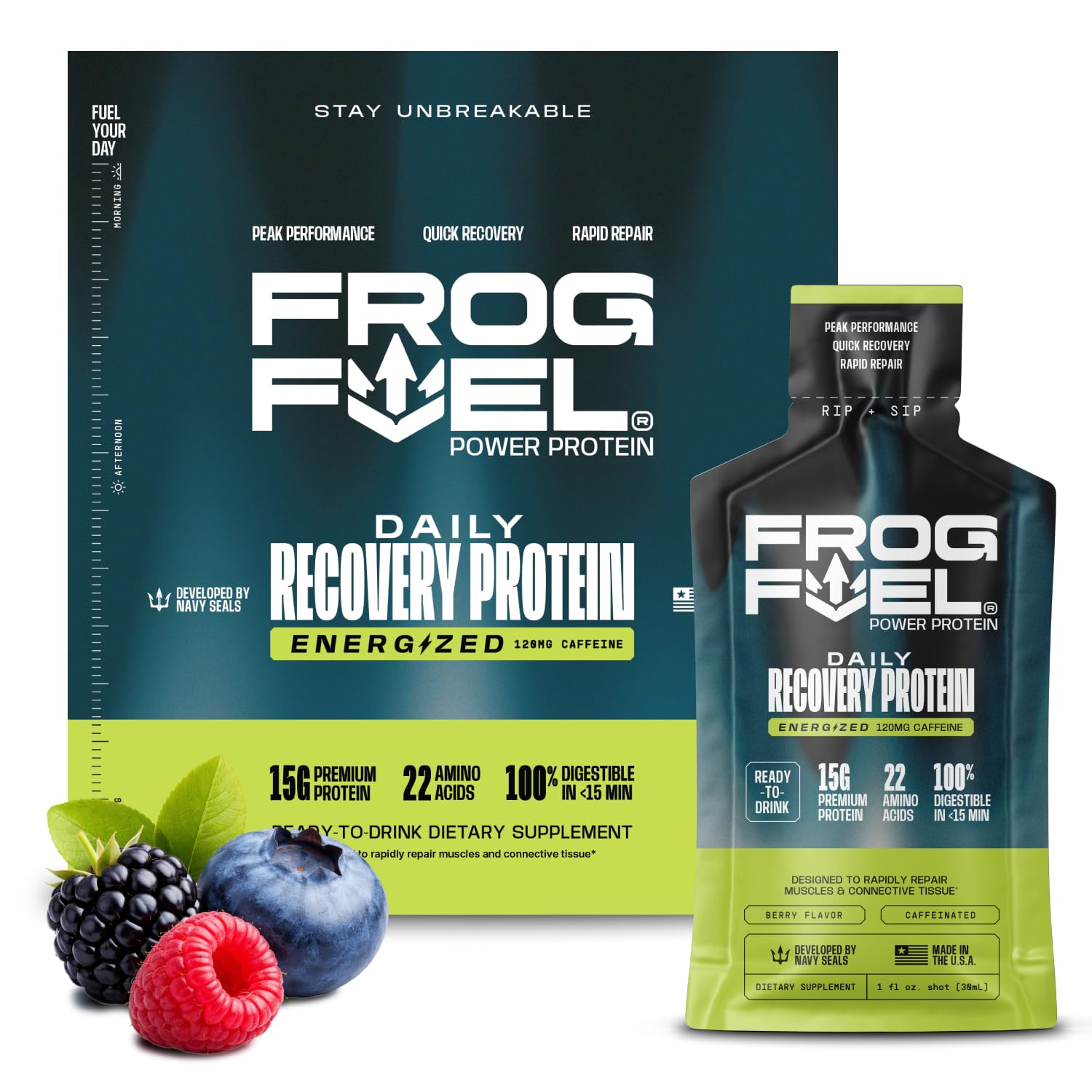 Frog Fuel Power Energized Complete Protein Shot, 15g, Nano Hydrolyzed & Grass Fed, 80mg Caffeine, Gluten Free, Fat & Sugar Free, 22 Amino Acids, 0 Carbs, Berry, 1 oz Packets, 24 Pack