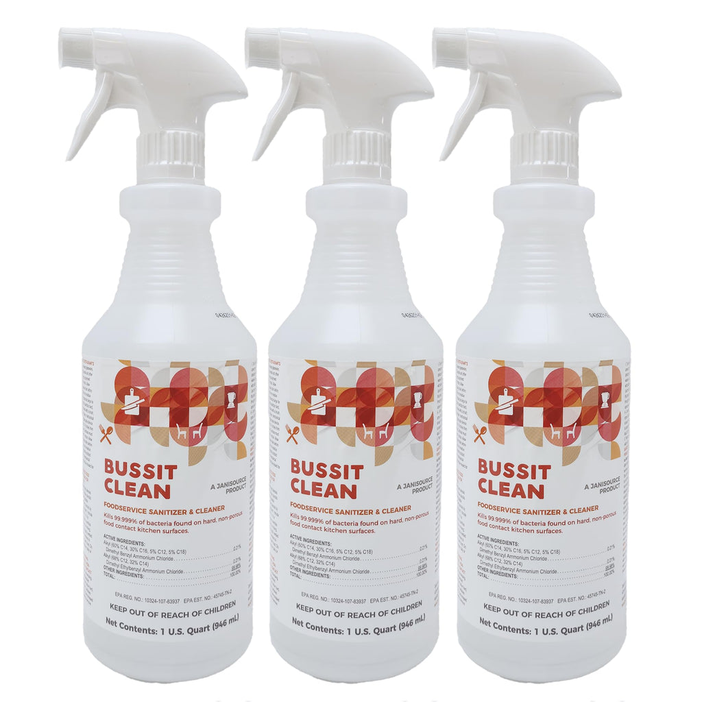 Jani-Source Bussit Clean Food Surface Sanitizer & Cleaner, Kills 99.9% of Kitchen Bacteria, 1 Quart (3 Pack)