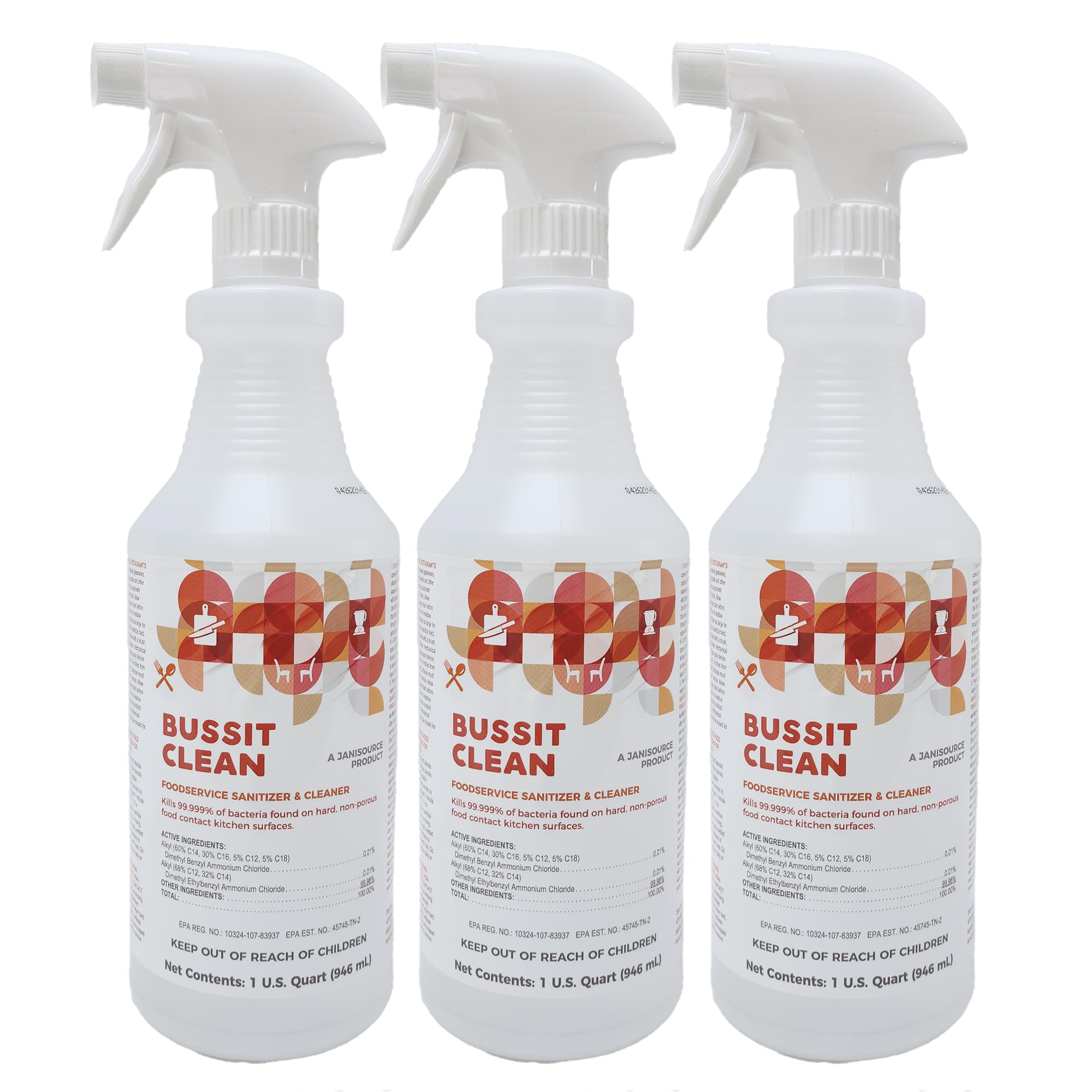 Jani-Source Bussit Clean Food Surface Sanitizer & Cleaner, Kills 99.9% of Kitchen Bacteria, 1 Quart (3 Pack)