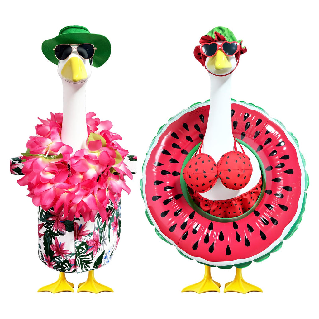 2 Set Hawaiian Porch Goose Outfits,23''Porch Goose Summer Outfits,Bikini Lawn Goose Costume,Yard Goose Clothes Skirt Hat Glasses Floral Wreath Swimming Ring for Outdoor Garden Yard Decor