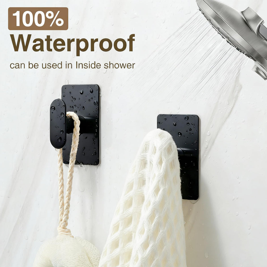 pickpiff Adhesive Towel Hooks for Bathroom: 20LB Extra Strong Wall Hanger for Shower Kitchen RV Dorm Apartment, Black 4 Pack