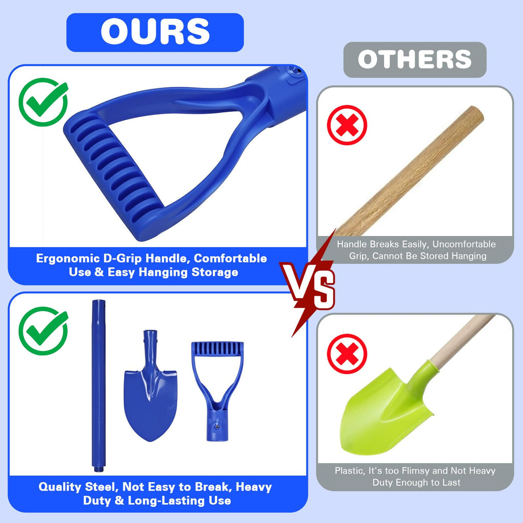 Lanathel 2 Pack Metal Beach Sand Shovels for Kids, 27 Inch Heavy Duty Small Shovels for Digging, Camping, Gardening, Planting, Mini Spade with D-Grip Handle, Blue