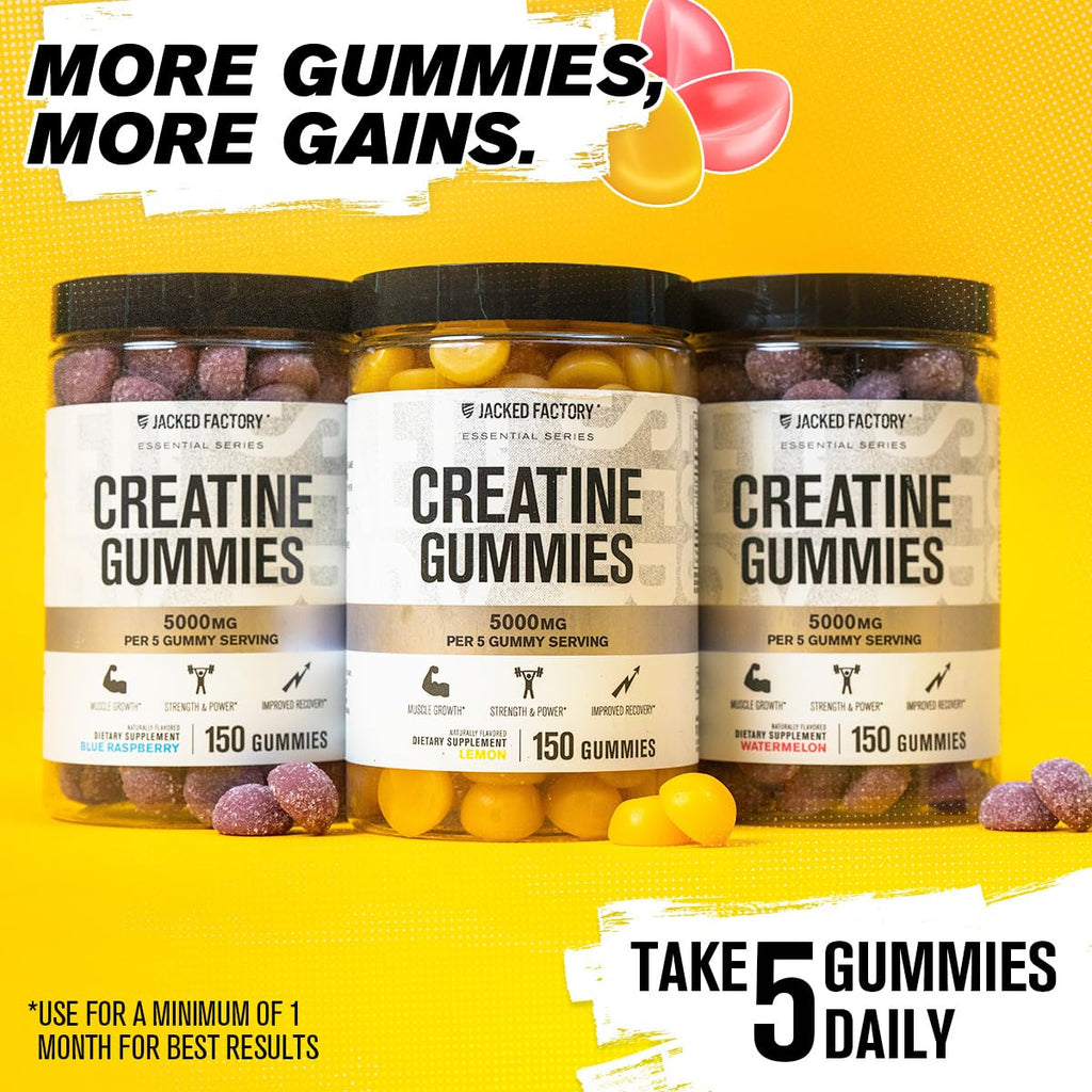 Jacked Factory Creatine Gummies 5g Daily Dose (1g per Gummy) - Creatine Gummy for Men and Women, Vegan-Friendly, Travel-Friendly, Third-Party Tested - 150 Gummies, Blue Raspberry