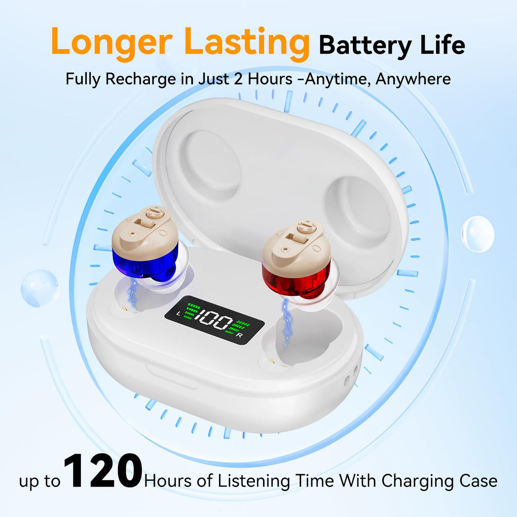 OTC Hearing Aids for Seniors - Rechargeable Invisible Hearing Aids with AI Noise Cancellation, 100+ Hours Battery Life, Comfort Fit Ear Canal Design