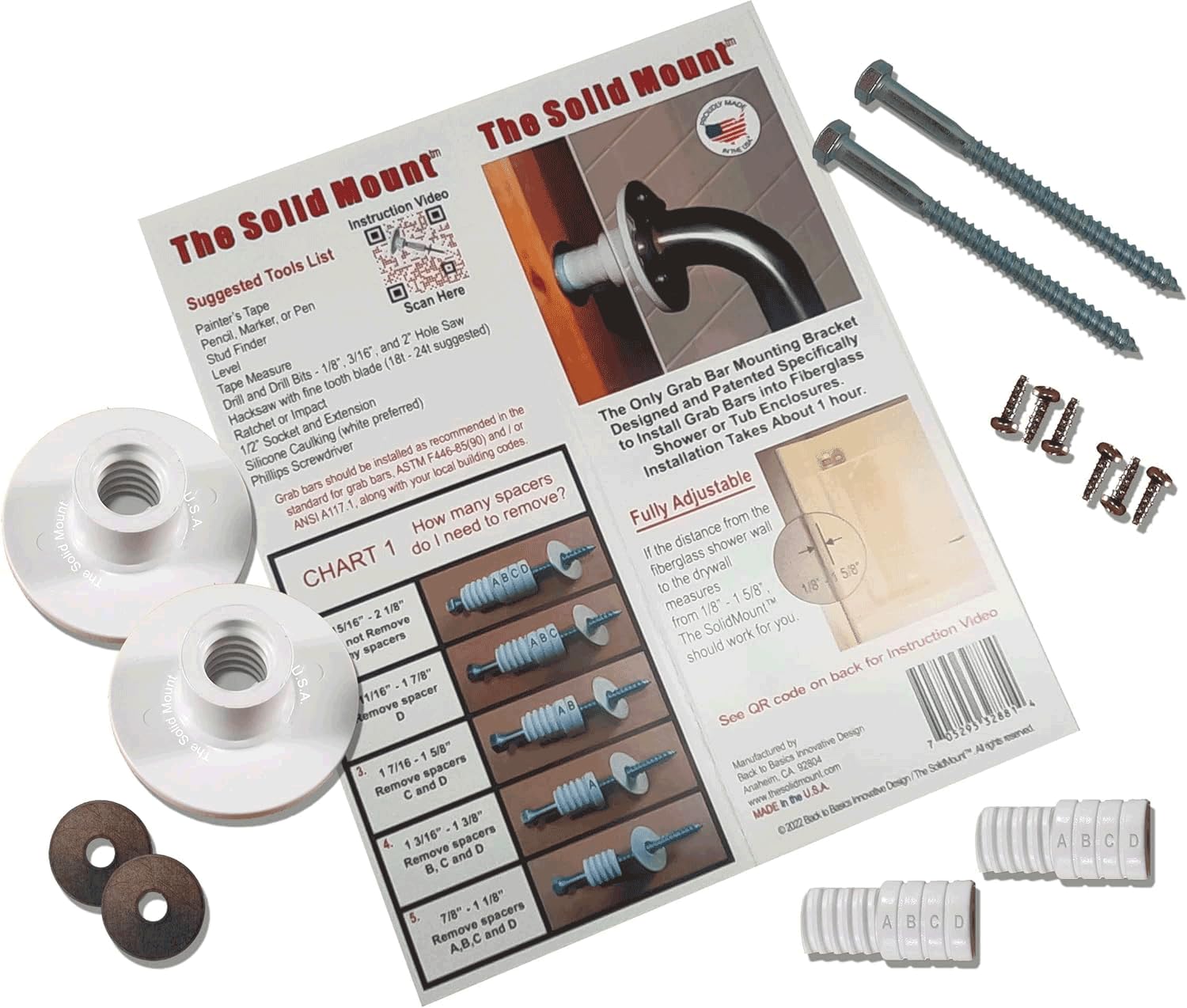 Grab Bar Mounting Kit for Fiberglass Showers – One-Piece Adjustable Spacer System – Precision Trim Fit for Stud Anchoring – Prevents Rotation & Uneven Compression – Made in USA