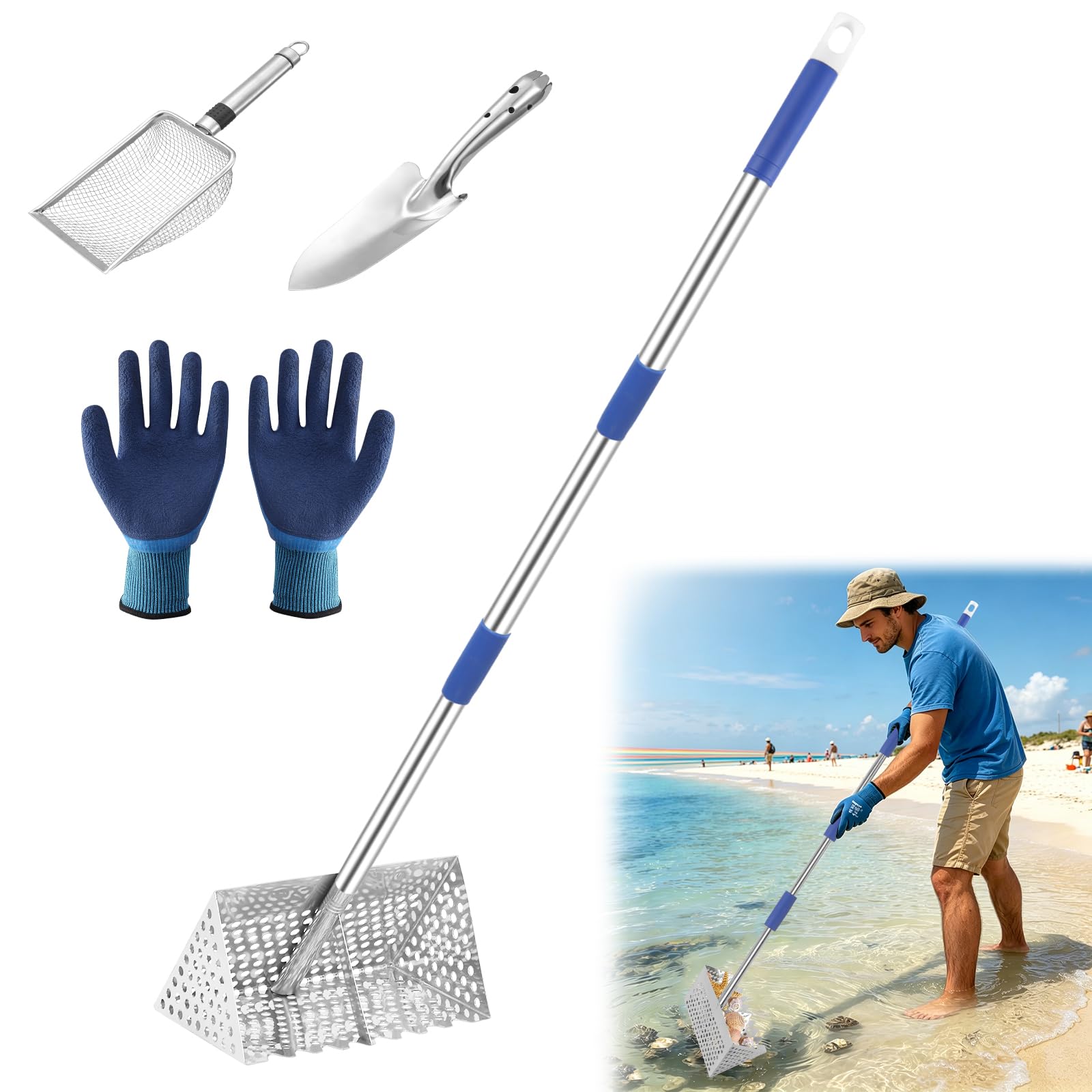 Sand Flea Rake, 65 Inches Long Handle, Stainless Steel Shark Tooth Sifter