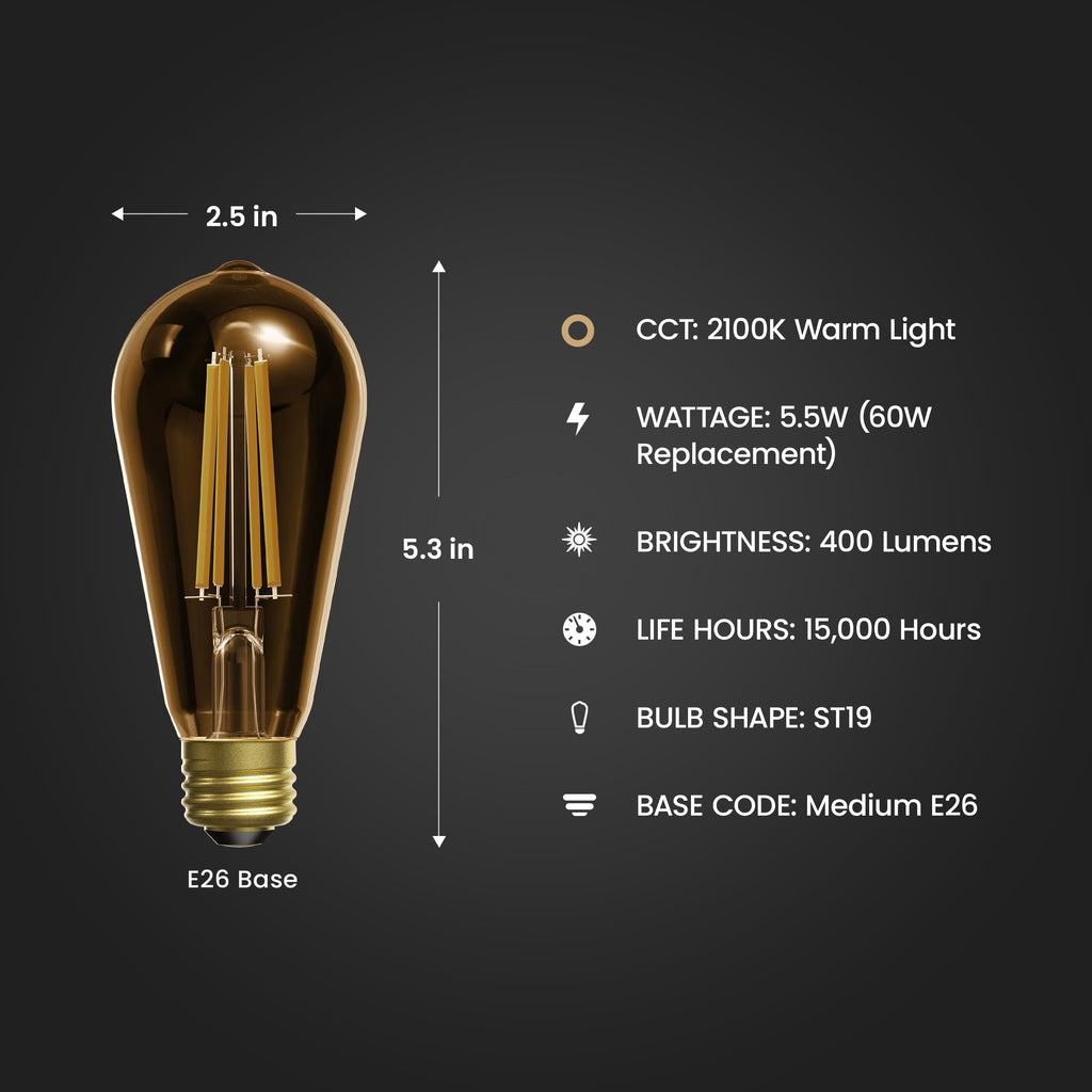 Feit Electric Vintage Exposed Straight Filament Amber Clear Glass LED ST19, 60W Equivalent, 400 Lumen, Dimmable, 2100K Warm White, E26 Base, 15,000-Hour Lifetime, ST19/VG/LED/2/4, 8 Pack