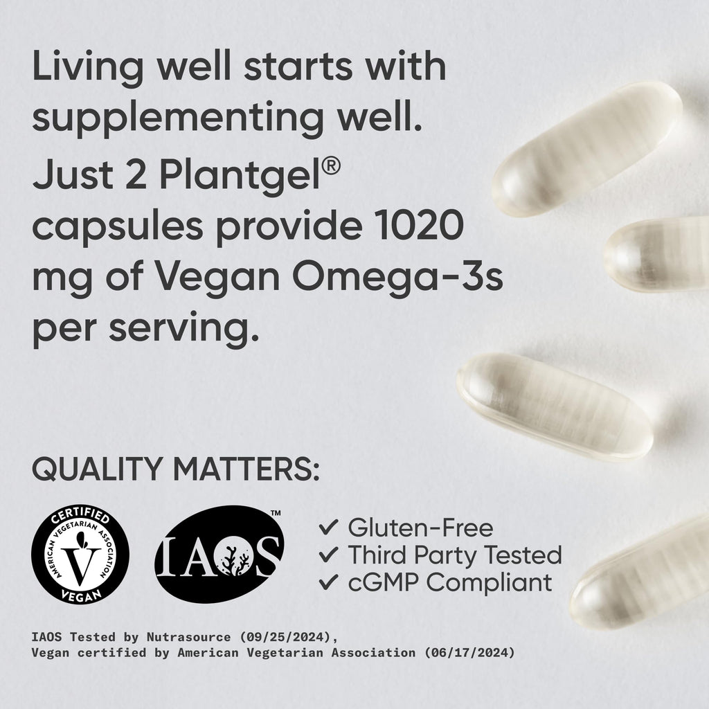 Sports Research Vegan Omega-3 Fish Oil Alternative from Algae Oil - Highest Levels of Vegan DHA & EPA Fatty Acids | Non-GMO Tested & Vegan Certified - 60 Veggie Softgels (Carrageenan Free)