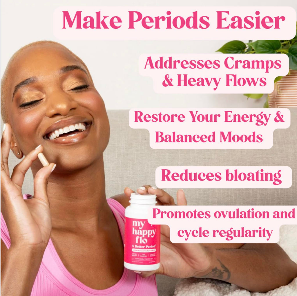 My Happy Flo Period Relief Supplement – Cramp Relief, Heavy Periods & Irregular Period Support, Bloating & Fibroid, Gentle Iron, DIM, Magnesium, Vitamin D3, Plant-Based PMS & Hormone Support | 60 Caps