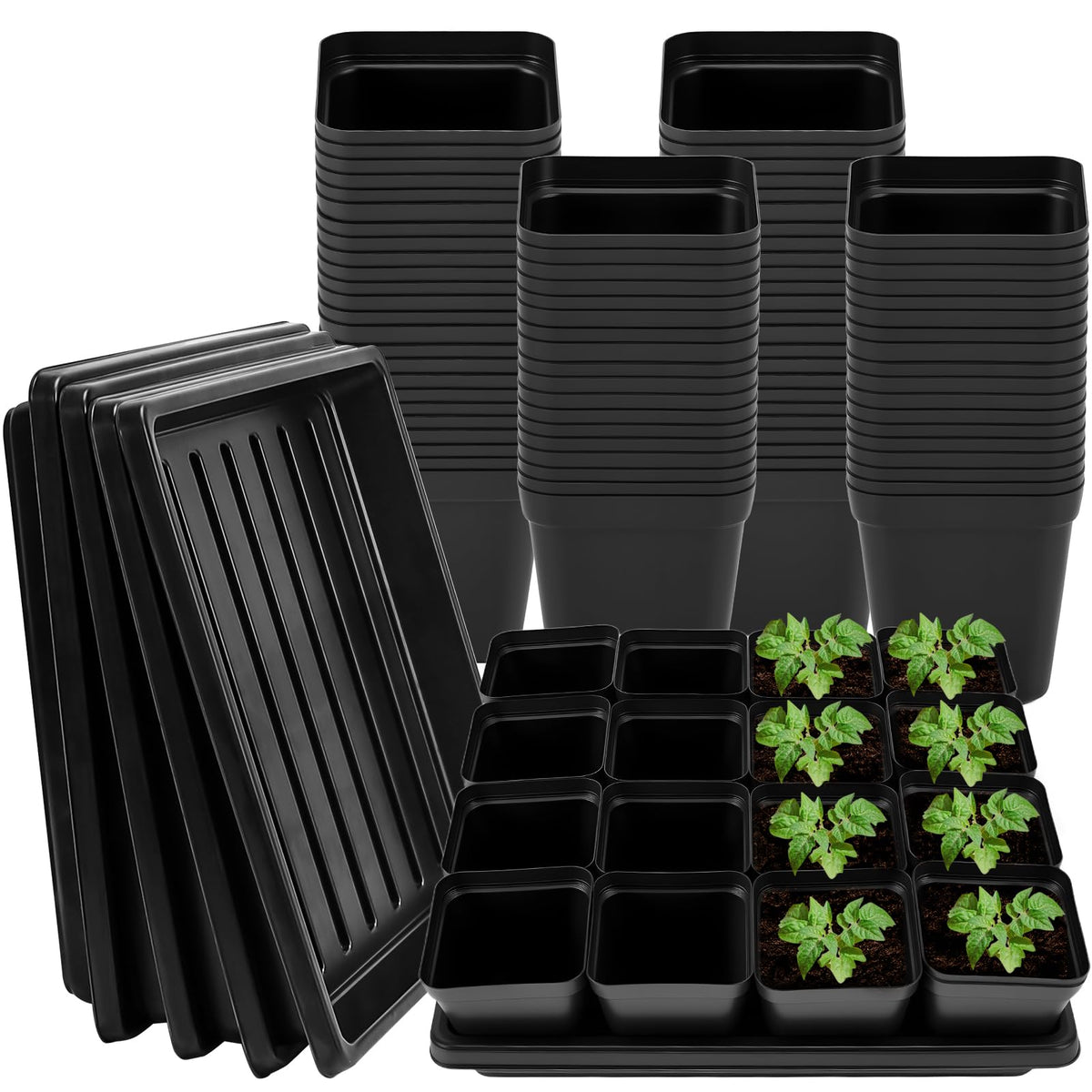 2.6in 100 Pcs Square Nursery Pots with 5 Pcs Plastic Seed Starting Trays