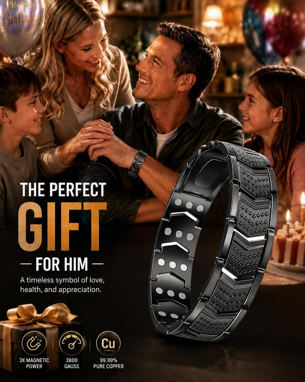 vapeples 99.99% Pure Copper Men's Bracelet with 3800 Gauss Triple-Strength Magnets, Foldover Clasp, and Adjustable Size,Shield Design