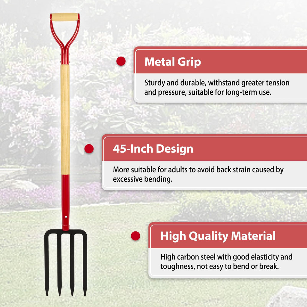Dikuyeel Heavy Duty Garden Fork for Digging, 4 Tines Pitch Fork for Gardening Compost, Garden Pitch Fork with Wooden Handle, 45 Inches
